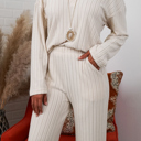 Large Oatmeal Alice Ribbed Knit Sweater V Neck Loungewear 2 Piece Set