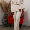 Large Oatmeal Alice Ribbed Knit Sweater V Neck Loungewear 2 Piece Set