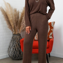 Small Brown Alice Ribbed Knit Sweater V Neck Loungewear 2 Piece Set