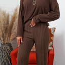 Small Brown Alice Ribbed Knit Sweater V Neck Loungewear 2 Piece Set