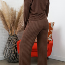 Medium Brown Alice Ribbed Knit Sweater V Neck Loungewear 2 Piece Set