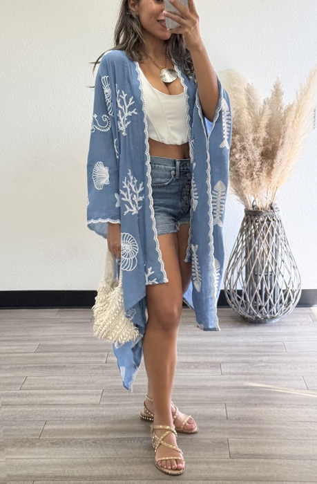 Vallarta Seashell Embroidered Kimono Beach Cover Up