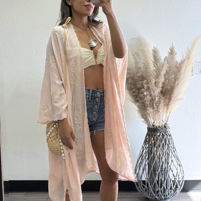 Vallarta Seashell Embroidered Kimono Beach Cover Up