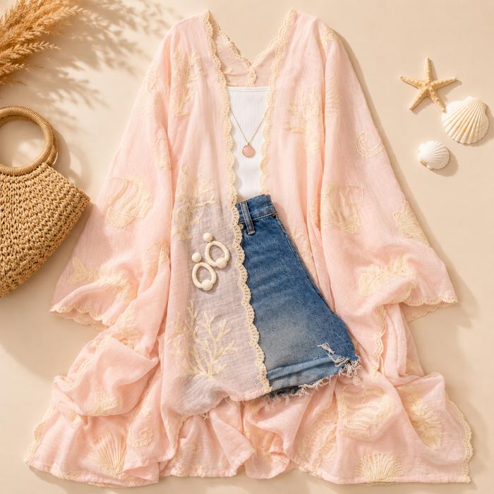 Vallarta Seashell Embroidered Kimono Beach Cover Up