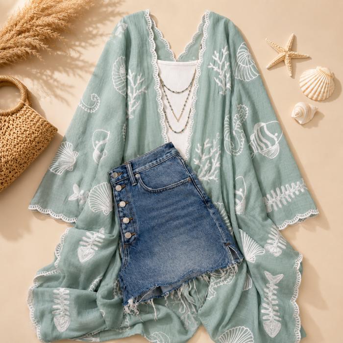 Vallarta Seashell Embroidered Kimono Beach Cover Up