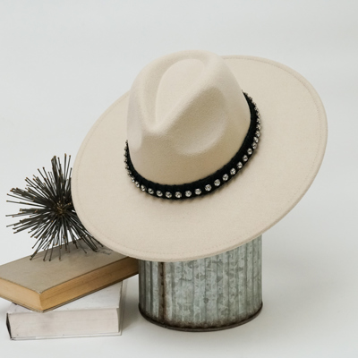 Wide Brim Fedora Hat with Rhinestones Band