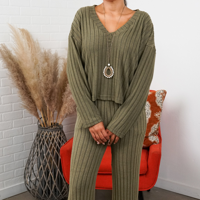 Alice Ribbed Knit Sweater V Neck Loungewear 2 Piece Set