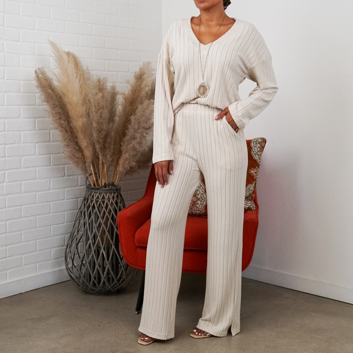 Alice Ribbed Knit Sweater V Neck Loungewear 2 Piece Set