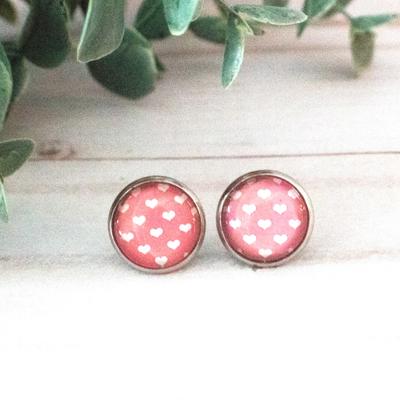 Pink & White Heart Glass Stud Earrings