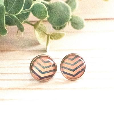 Pink & Navy Chevron Glass Stud Earrings