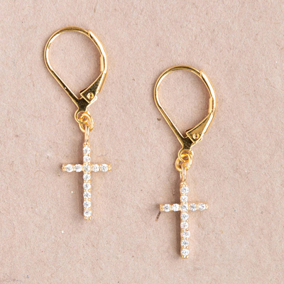 14k Gold Cross Cubic Zirconia Leverback Earring Dangle Religion
