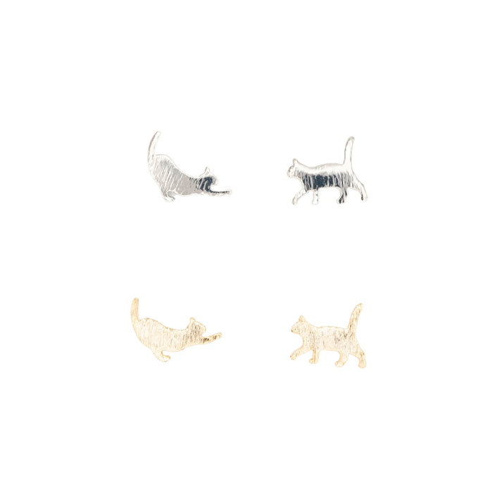 14k Gold or Sterling Silver Cat Kitten Walking Post Stud Earring