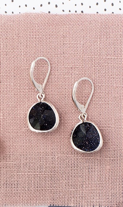 14k Gold or Sterling Silver Glitter Starry Black Glass Gemstone Leverback Dangle Drop Earring