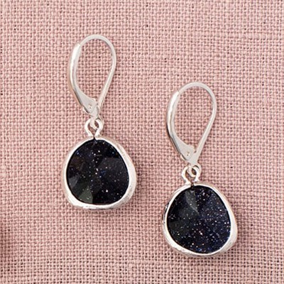 14k Gold or Sterling Silver Glitter Starry Black Glass Gemstone Leverback Dangle Drop Earring