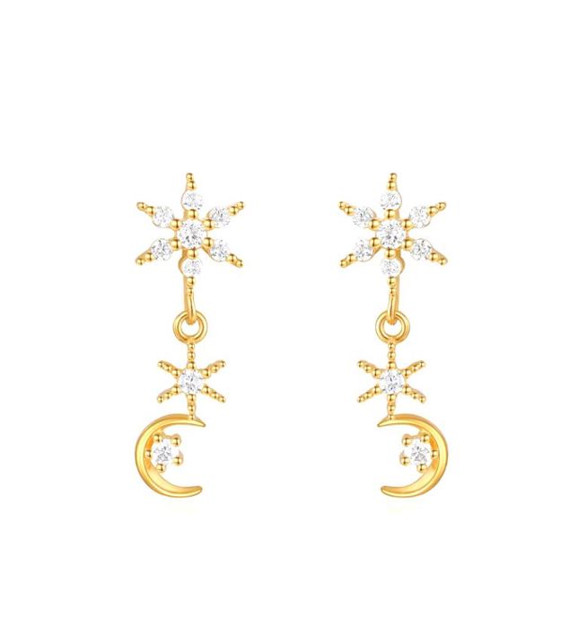 14k Gold Night Sky Dangle CZ Earring Post Stud Celestial Gift Giving