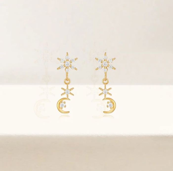 14k Gold Night Sky Dangle CZ Earring Post Stud Celestial Gift Giving