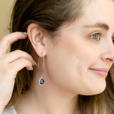 14K Gold or Sterling Silver Montana Blue Glass Gemstone Thread Through Drop Earring Hypoallergenic 