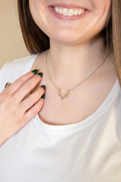 Deer Antler Flowers Charm Necklace Mixed Metal