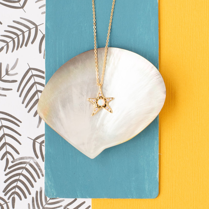 14K Gold Star Opal and Cubic Zirconia Charm Necklace