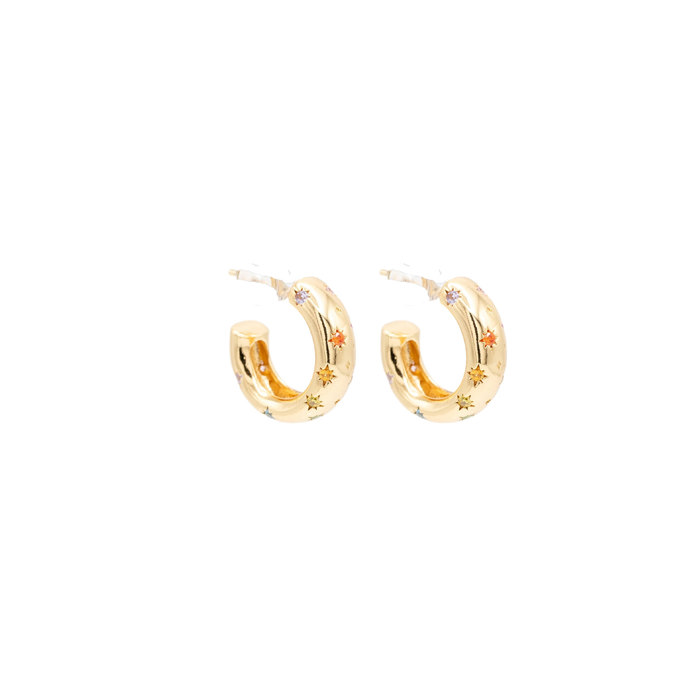 14k Gold Star Multi Rainbow Cubic Zirconia Huggie Hoop Earring