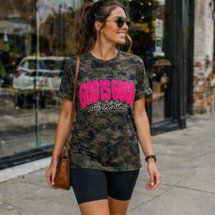 God Is Good All The Time Tee | Pink Chenille Faith Shirt | Camo Graphic Tee | Made to Order | Texas Boutique