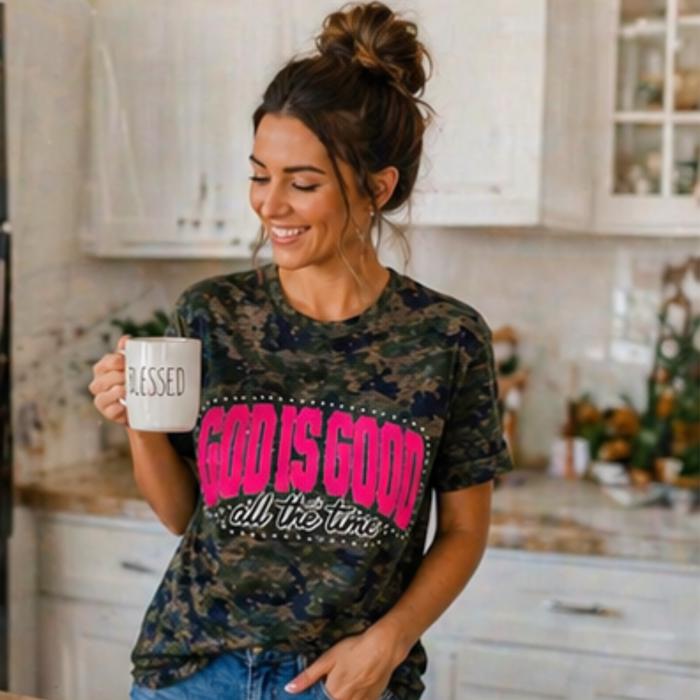 God Is Good All The Time Tee | Pink Chenille Faith Shirt | Camo Graphic Tee | Made to Order | Texas Boutique