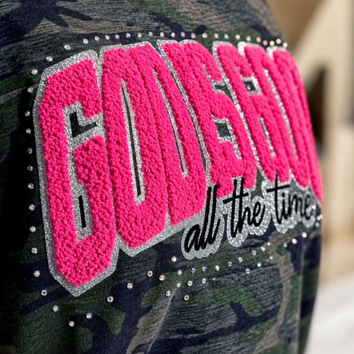 God Is Good All The Time Tee | Pink Chenille Faith Shirt | Camo Graphic Tee | Made to Order | Texas Boutique