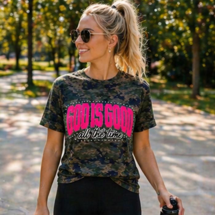 God Is Good All The Time Tee | Pink Chenille Faith Shirt | Camo Graphic Tee | Made to Order | Texas Boutique