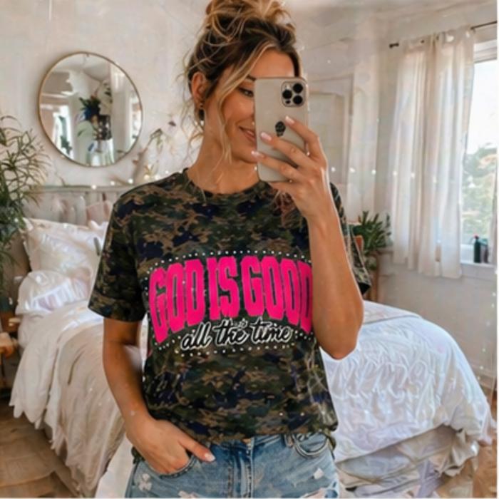 God Is Good All The Time Tee | Pink Chenille Faith Shirt | Camo Graphic Tee | Made to Order | Texas Boutique