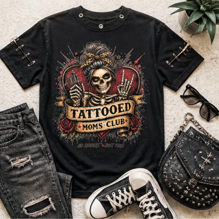 Tattooed Moms Club Tee | Edgy Mom Graphic Shirt | Distressed Streetwear Style | Front & Back Design