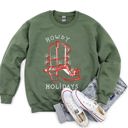 Large Military Green Howdy Holidays Christmas Cowboy Boot Sweatshirt With Festive Print And Cozy Winter Warmth