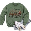 Large Military Green Happy Holidays Yee Haw Cowboy Christmas Sweatshirt