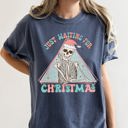 Small Denim Blue Just Waiting For Christmas Skeleton Retro Classic Graphic Artwork Comfort Colors Tee