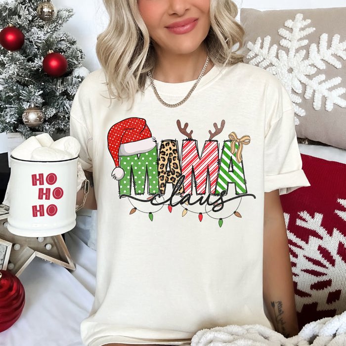 Mama Claus Santa Plaid Leopard Print Christmas Festive Pattern Comfort Colors Tee