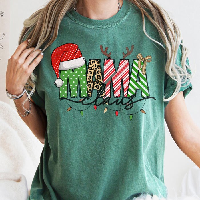 Mama Claus Santa Plaid Leopard Print Christmas Festive Pattern Comfort Colors Tee