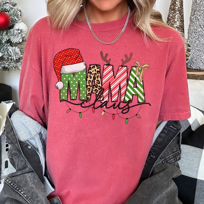 Mama Claus Santa Plaid Leopard Print Christmas Festive Pattern Comfort Colors Tee