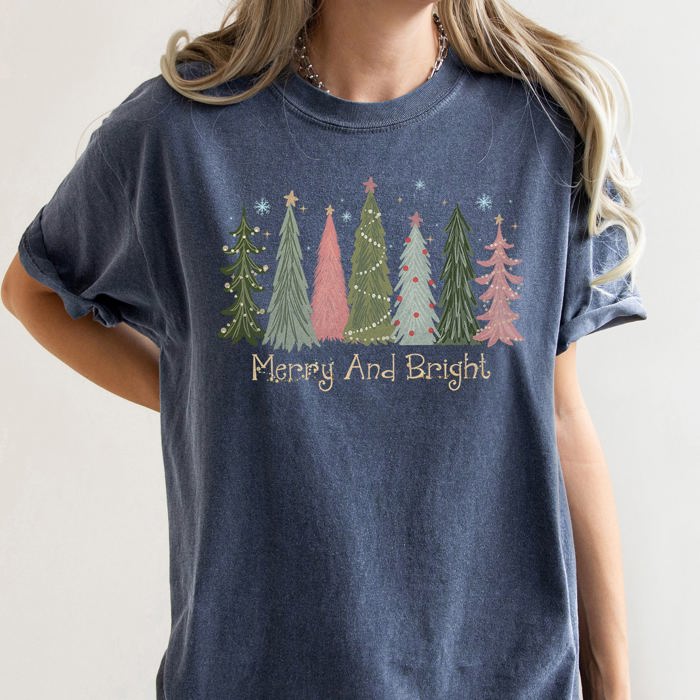 Merry and Bright Christmas Trees, Snowflakes, Stars, Decorations Comfort Colors Tee