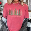 Small Crimson Red Merry and Bright Christmas Trees, Snowflakes, Stars, Decorations Comfort Colors Tee