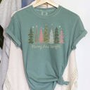 Small Light Green Merry and Bright Christmas Trees, Snowflakes, Stars, Decorations Comfort Colors Tee
