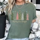 Medium Moss Dark Green Merry and Bright Christmas Trees, Snowflakes, Stars, Decorations Comfort Colors Tee