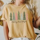 Large Mustard Merry and Bright Christmas Trees, Snowflakes, Stars, Decorations Comfort Colors Tee