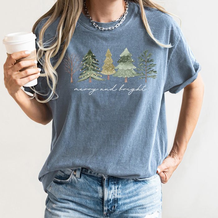 Merry And Bright Watercolor Trees Christmas Illustration Holiday Edition Comfort Colors Tee