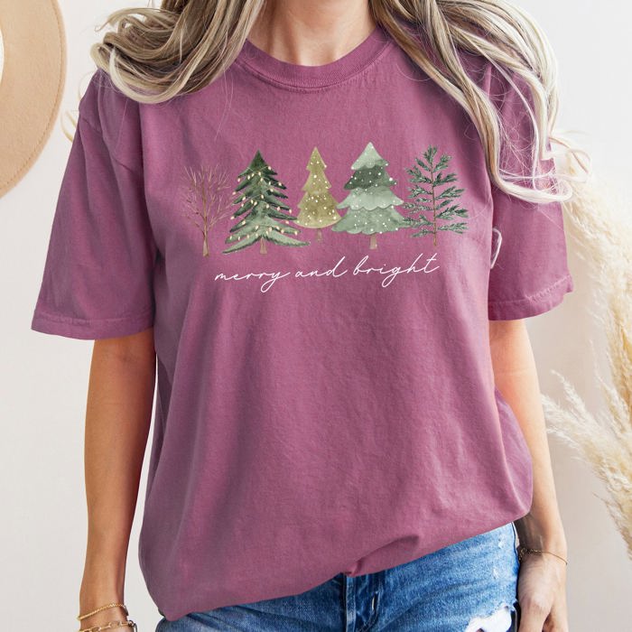 Merry And Bright Watercolor Trees Christmas Illustration Holiday Edition Comfort Colors Tee