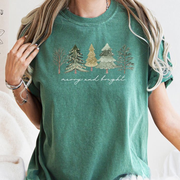 Merry And Bright Watercolor Trees Christmas Illustration Holiday Edition Comfort Colors Tee