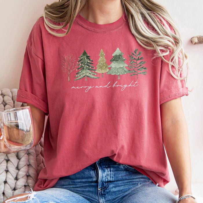 Merry And Bright Watercolor Trees Christmas Illustration Holiday Edition Comfort Colors Tee