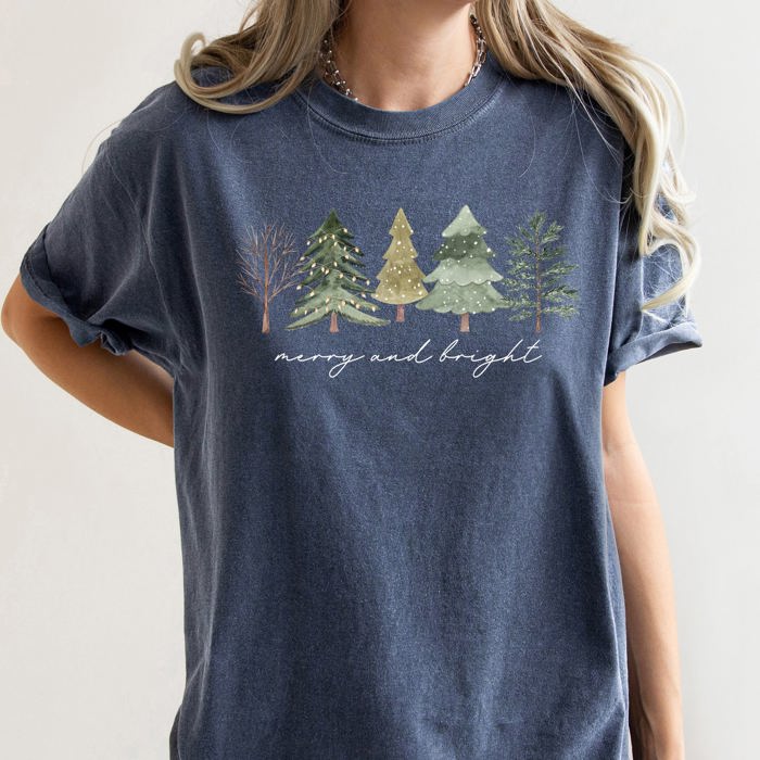 Merry And Bright Watercolor Trees Christmas Illustration Holiday Edition Comfort Colors Tee