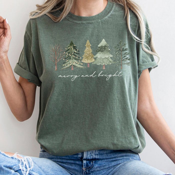 Merry And Bright Watercolor Trees Christmas Illustration Holiday Edition Comfort Colors Tee