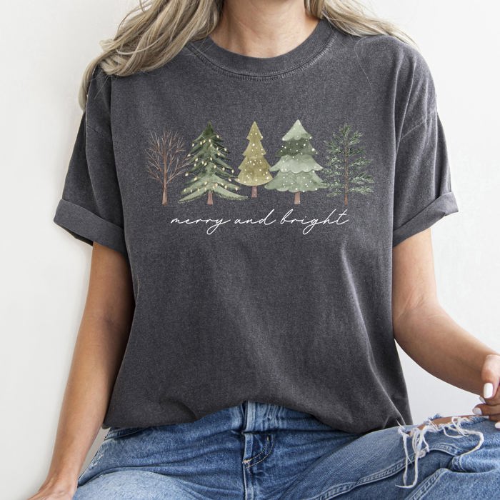 Merry And Bright Watercolor Trees Christmas Illustration Holiday Edition Comfort Colors Tee