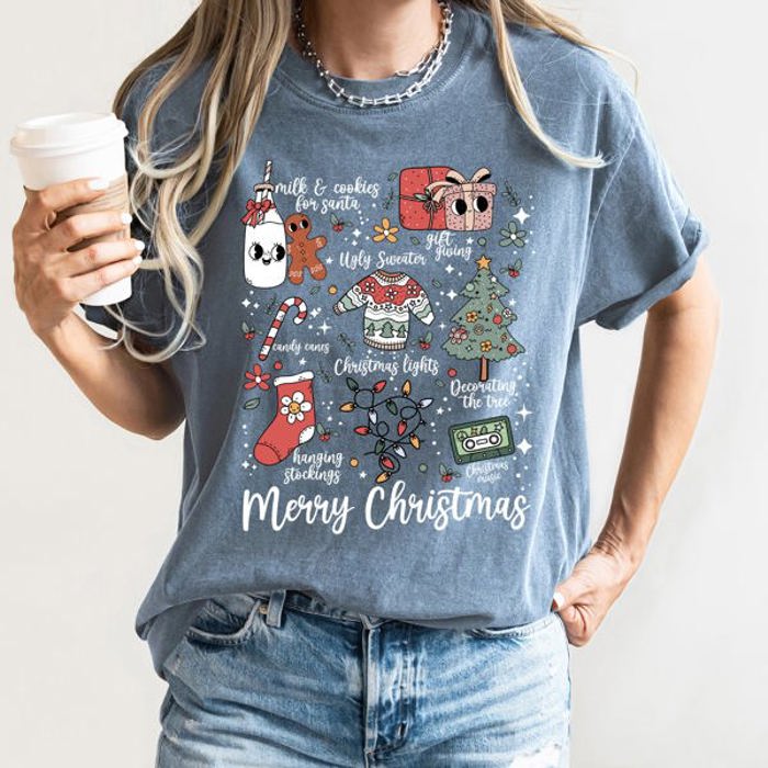 Merry Christmas Doodles Santa Stockings Tree Retro Holiday Edition Comfort Colors Tee
