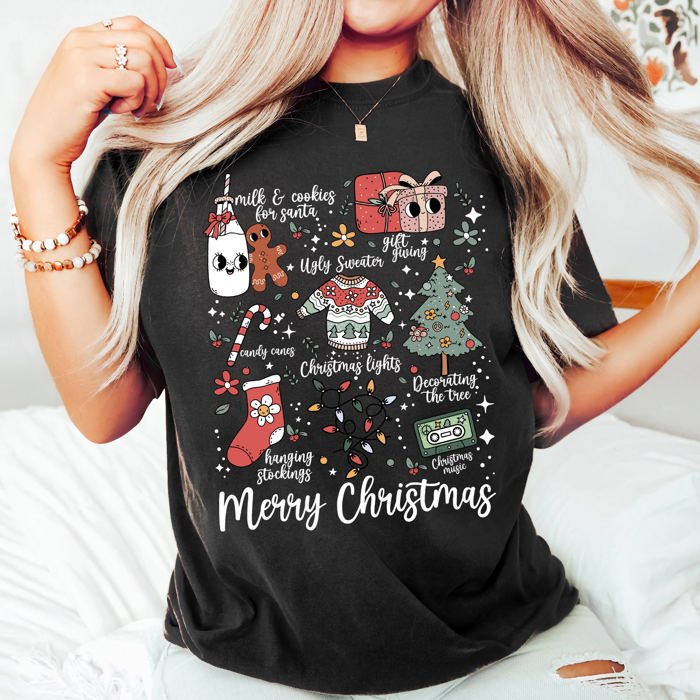 Merry Christmas Doodles Santa Stockings Tree Retro Holiday Edition Comfort Colors Tee